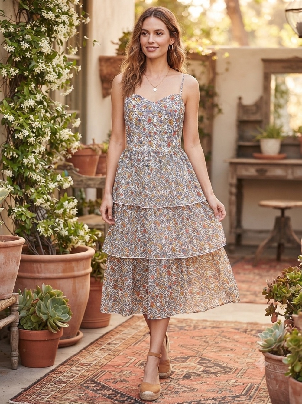 Honey and Rosie Spaghetti-Strap Tiered Midi Dress in Floral Mix
